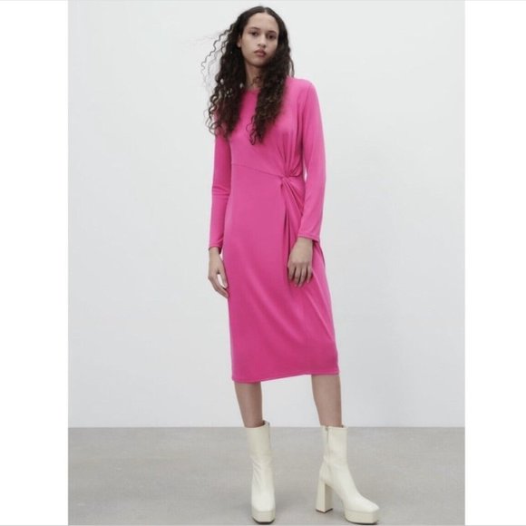 NWOT ZARA BLOGGERS FAV PINK KNOT FRONT DETAIL MIDI DRESS STRETCH MEDIUM - Picture 1 of 12